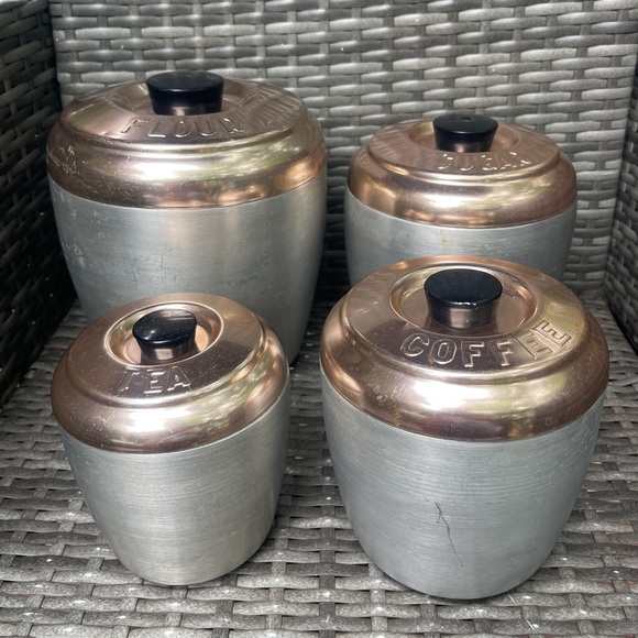 Vintage Aluminum 1960s 4 Canister Nesting Set w Rose Copper Lids MCM - Picture 6 of 8